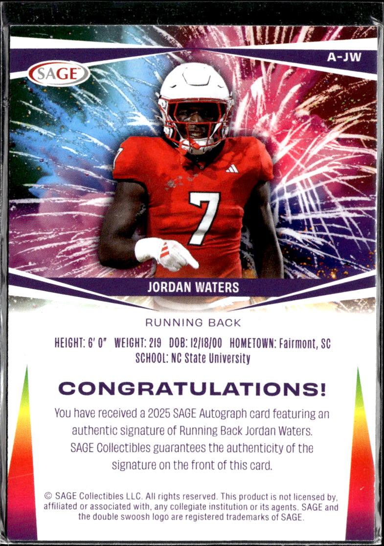 Jordan Waters 2025 SAGE Auto Autograph RC Rookie NC State Wolfpack