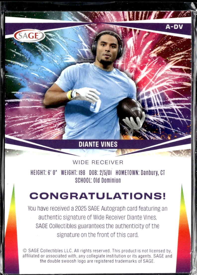 Diante Vines 2025 SAGE Autograph Auto Rookie RC Old Dominion