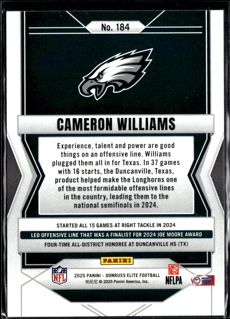 Cameron Williams 2025 Elite RC Rookie 665/999 Texas Longhorns Eagles