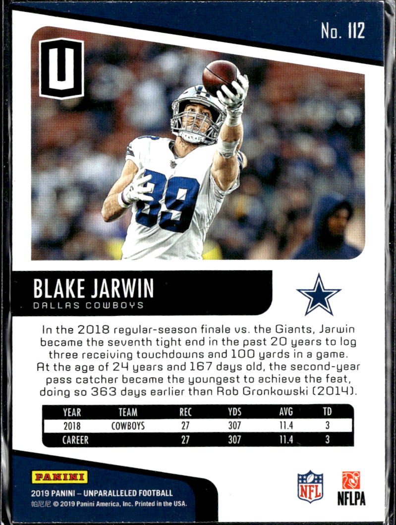 Blake Jarwin 2019 Panini Unparalleled RC Rookie Dallas Cowboys