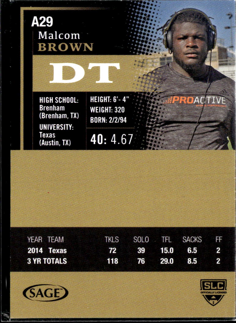 Malcom Brown 2015 SAGE HIT Auto Autograph RC Texas Longhorns