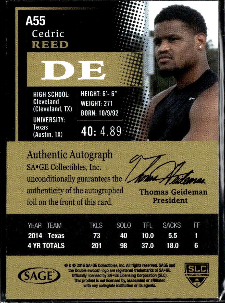 Cedric Reed 2015 SAGE HIT Auto Autograph Rookie Texas Longhorns