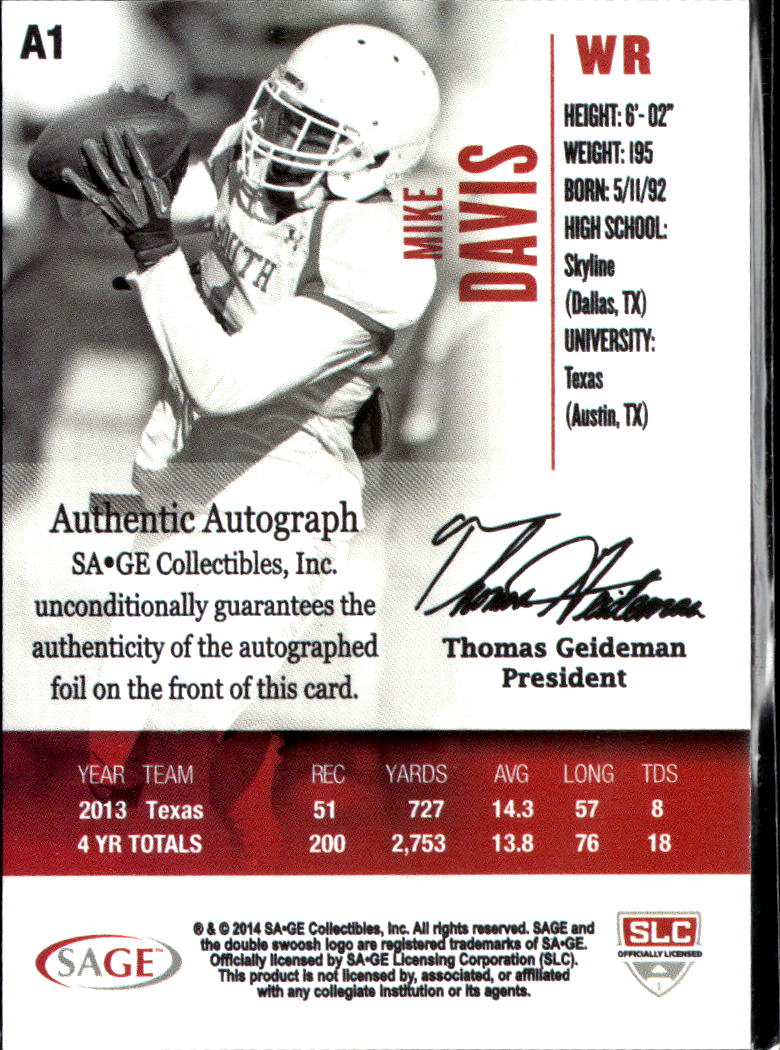 Mike Davis 2014 SAGE HIT Auto Autograph Rookei Texas Longhorns