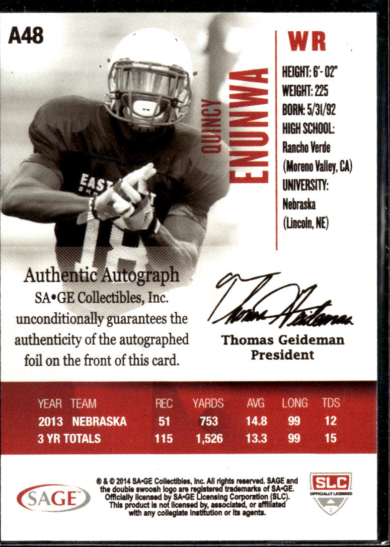 Quincy Enunwa 2014 SAGE HIT Auto Autograph Nebraska Cornhuskers NY Jets