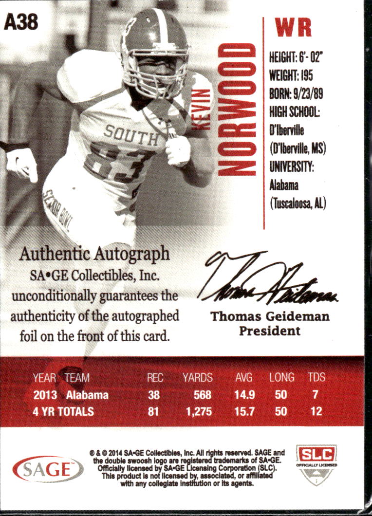 Kevin Norwood 2014 SAGE HIT Auto Autograph RC Alabama Crimson Tide