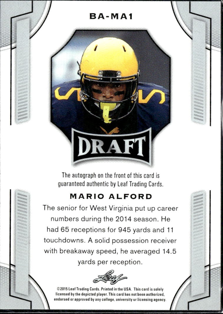Mario Alford 2015 Leaf Draft Auto Autograph West Virginia Mountaineers