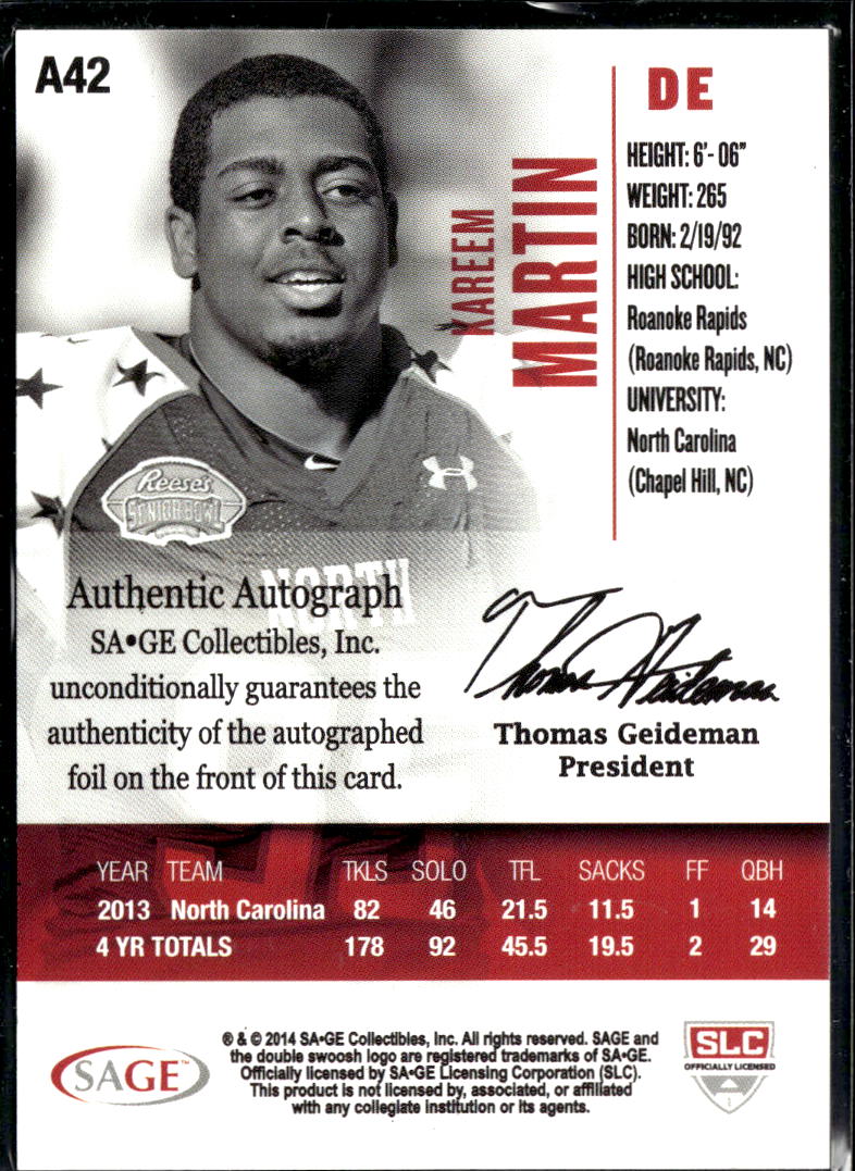 Kareem Martin 2014 SAGE HIT Auto Autograph RC /250 North Carolina Tar Heels