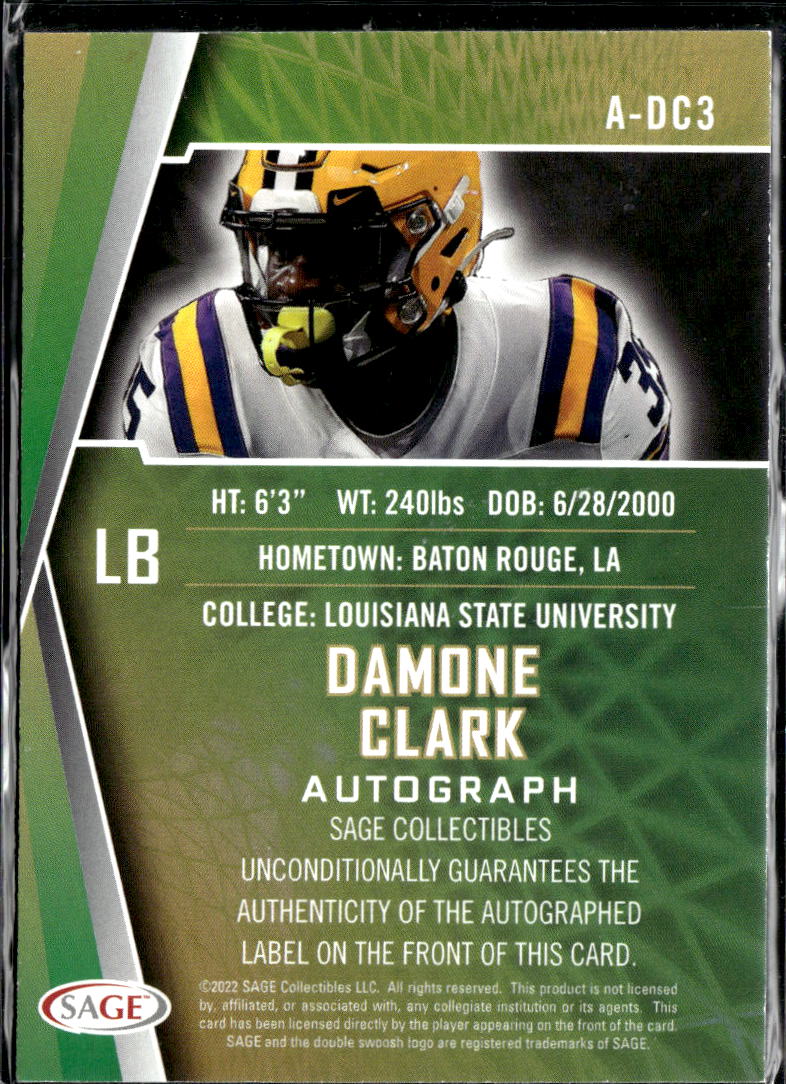 Damone Clark 2022 SAGE Aspire Football Auto Autograph Rookie LSU Tigers