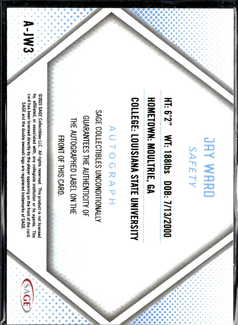 Jay Ward 2023 SAGE Artistry Auto Autograph RC LSU Tigers