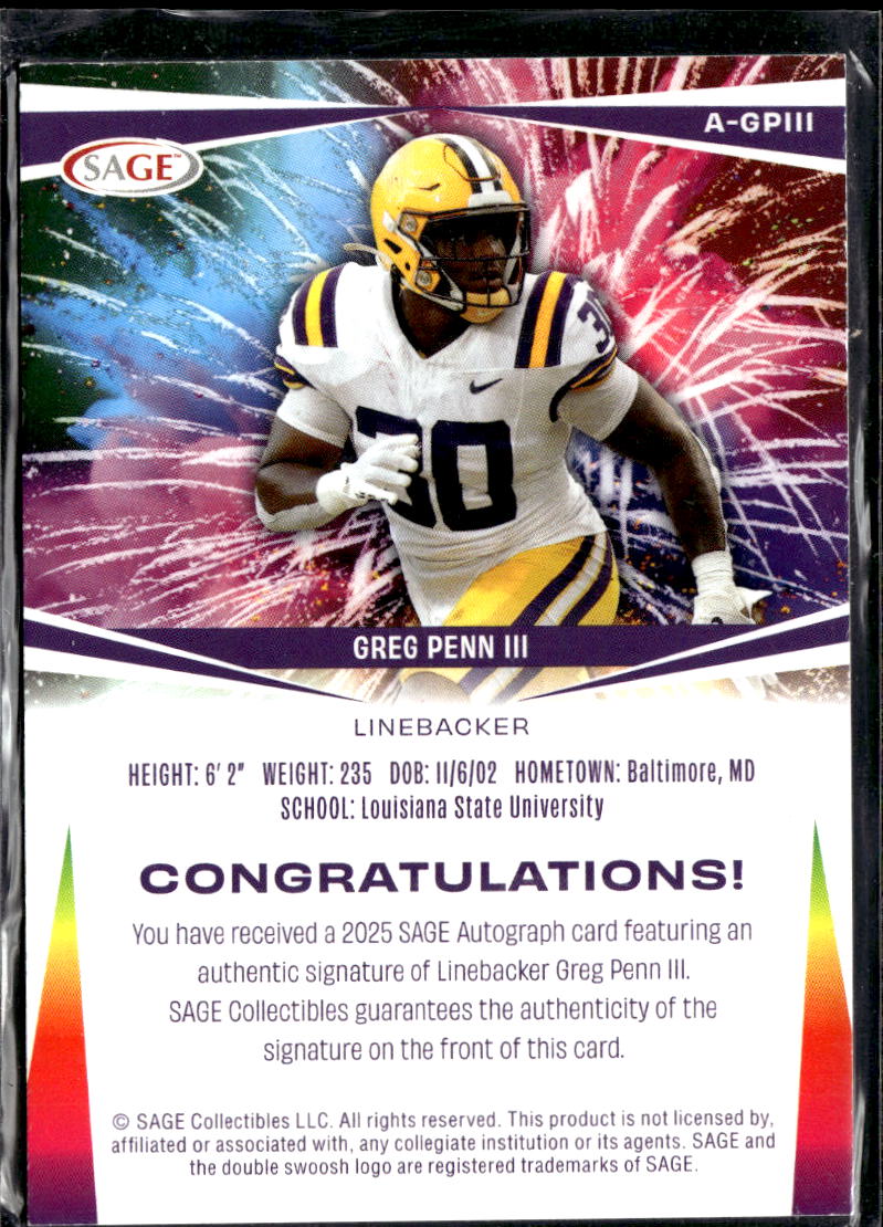 Greg Penn III 2025 SAGE Artistry Auto Autograph RC LSU Tigers