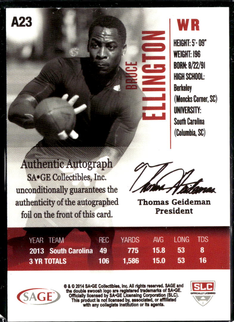 Bruce Ellington 2014 SAGE HIT Auto Autograph RC /250 South Carolina Gamecocks