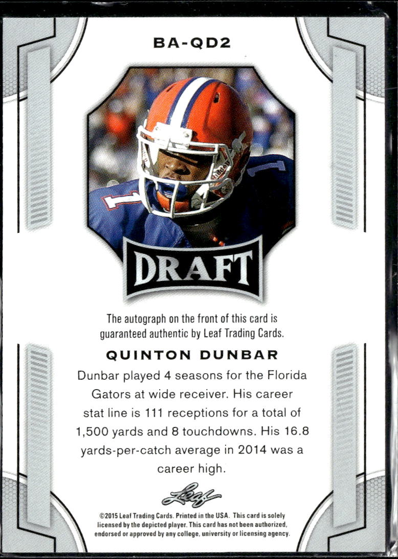 Quinton Dunbar 2015 Leaf Draft Auto Autograph RC Florida Gators