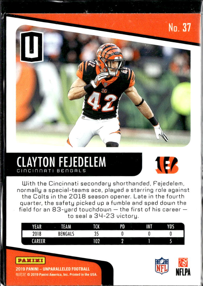 Clayton Fejedelem 2019 Unparalleled Rookie RC Cincinnati Bengals