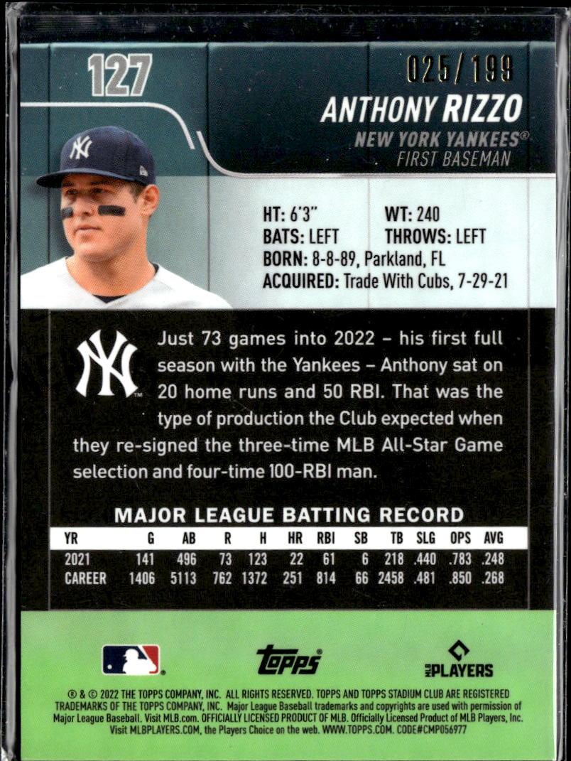 Anthony Rizzo 2022 Topps Stadium Club Chrome Blue Refractor /199 Yankees