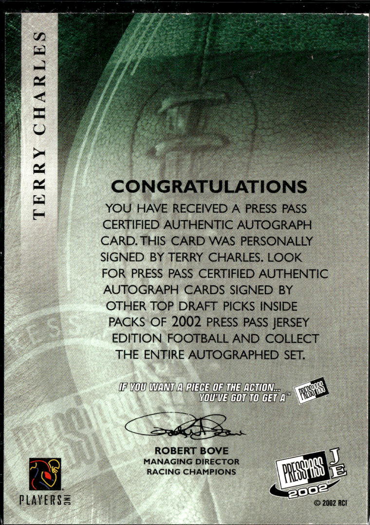 Terry Charles 2002 Press Pass Jersey Edition Auto Autograph RC Vikings
