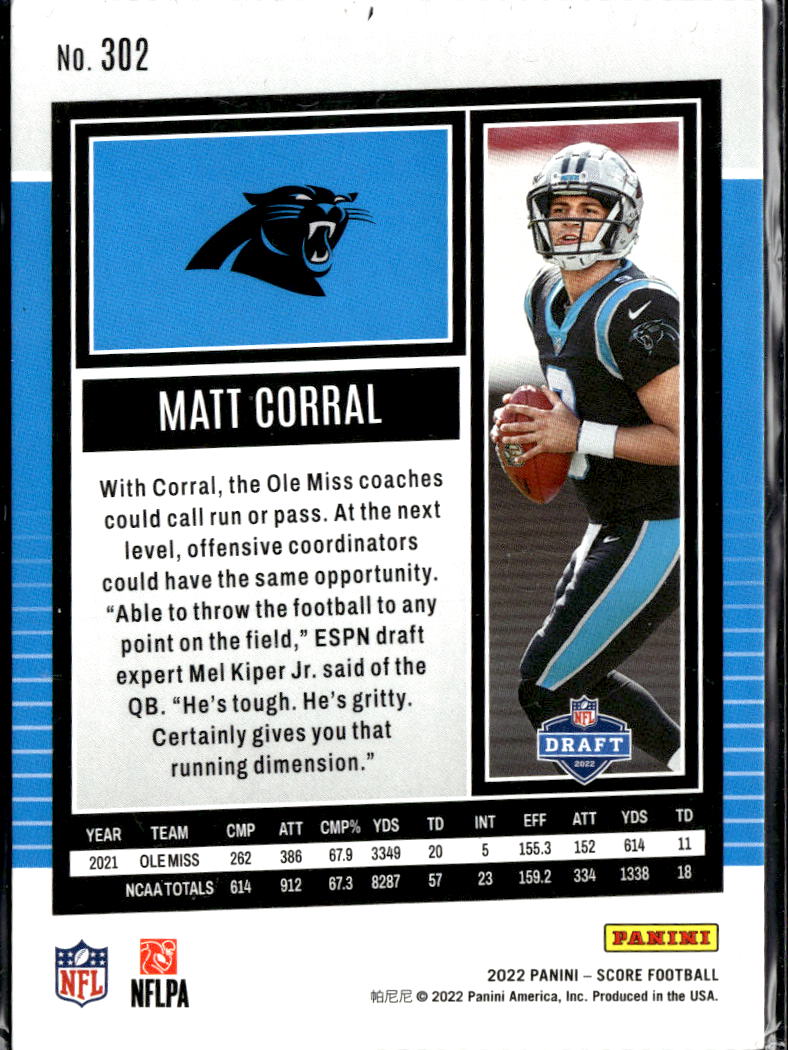 Matt Corral 2022 Panini Score RC Rookie Teal 52/199 Carolina Panthers