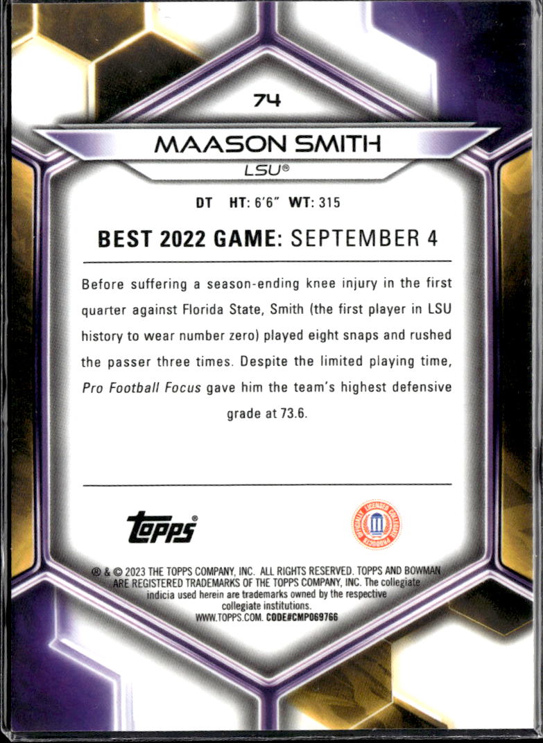 Maason Smith 2023 Bowman's Best Yellow Refractor 23/75 LSU Tigers