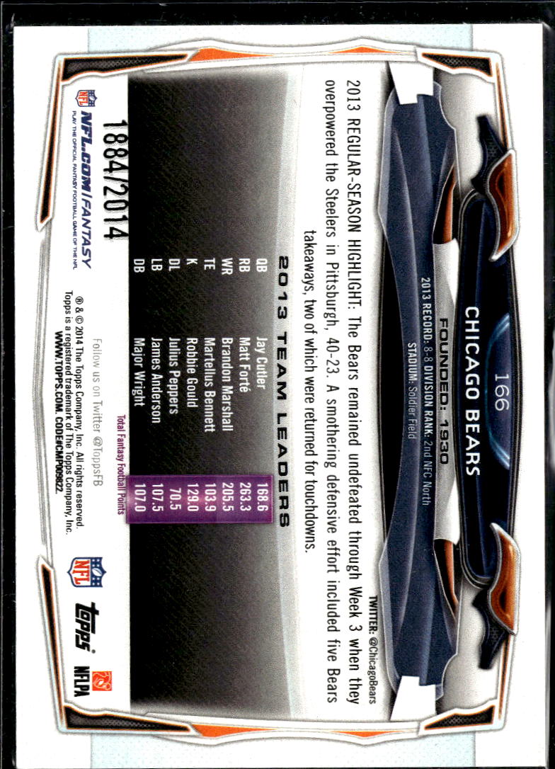 Chicago Bears 2014 Topps Team Card GOLD 1884/2014