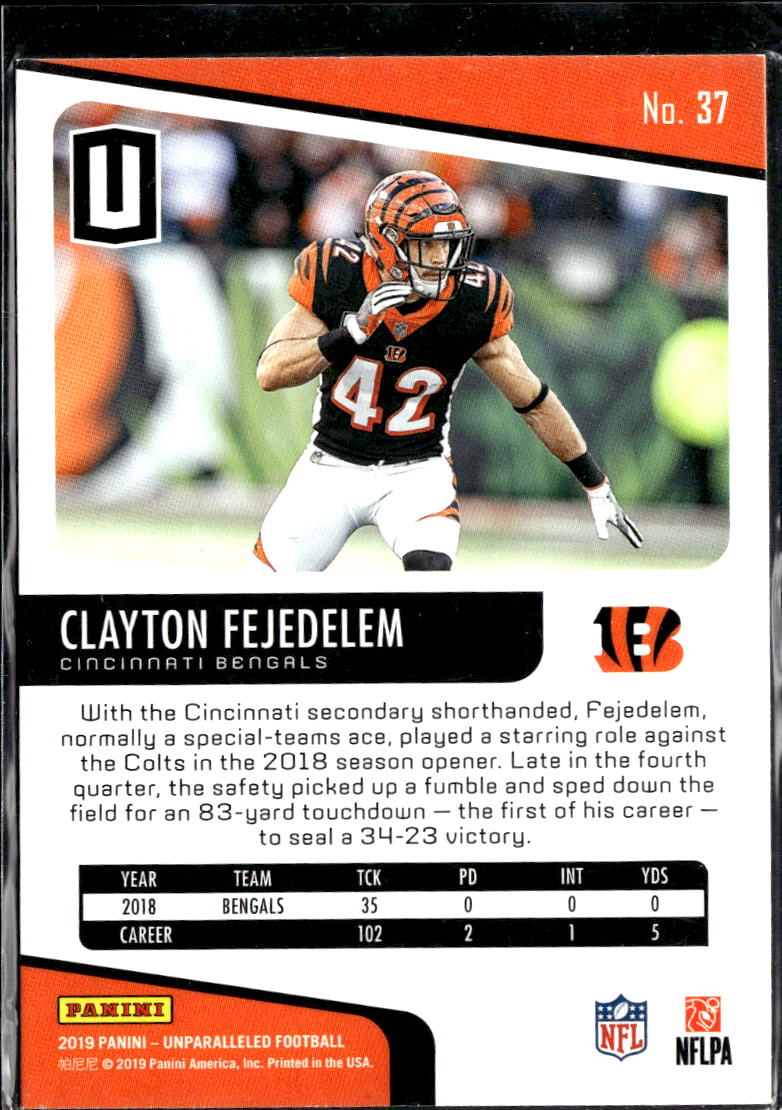 Clayton Fejedelem 2019 Panini Unparalleled Rookie RC Cincinnati Bengals