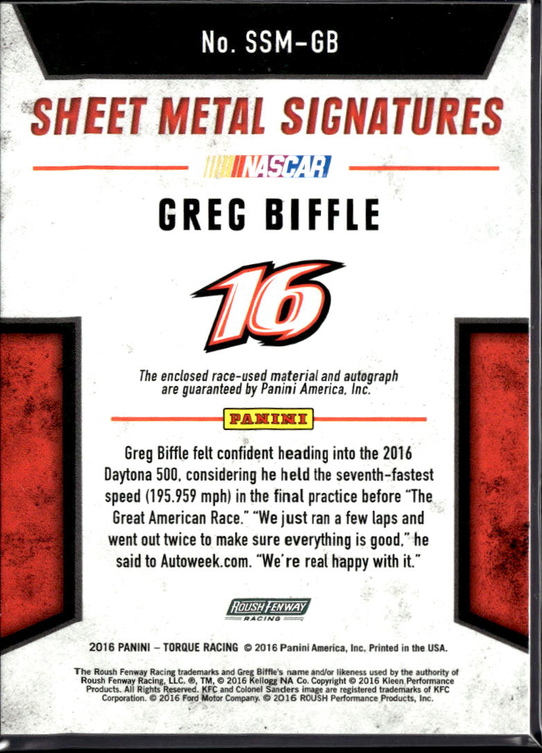 Greg Biffle 2016 Torque Sheet Metal Auto Autograph 55/75 Roush Fenway Racing