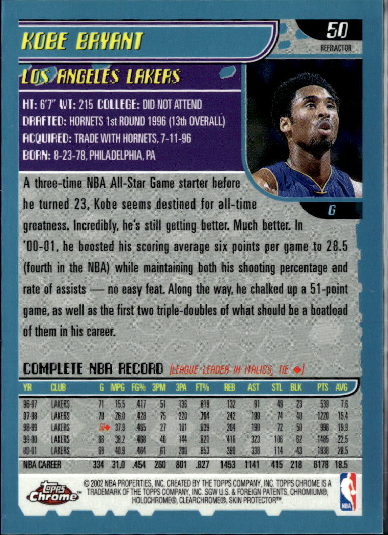 Kobe Bryant 2001-02 Topps Chrome Refractor #50 Los Angeles Lakers OC