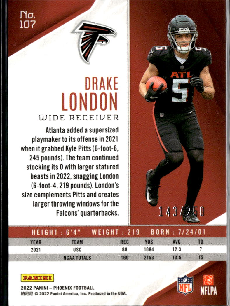 Drake London 2022 Phoenix Red Prizm Rookie RC 143/250 Atlanta Falcons
