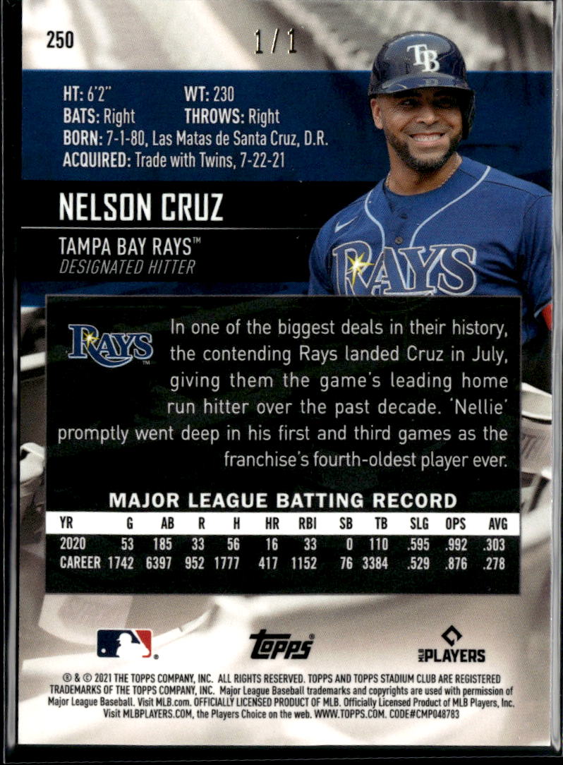 Nelson Cruz 2021 Topps Stadium Club SUPERFRACTOR 1/1 Tampa Bay Rays