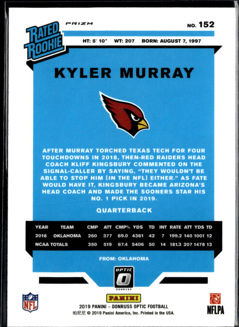 Kyler Murray 2019 Panini Donruss Optic Teal Velocity Arizona Cardinals
