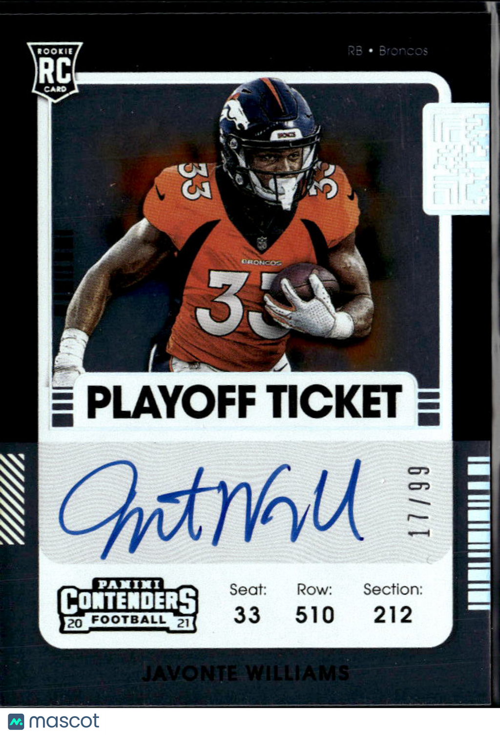 Javonte Williams 2021 Contenders Auto Autograph RC 17/99 Denver Broncos