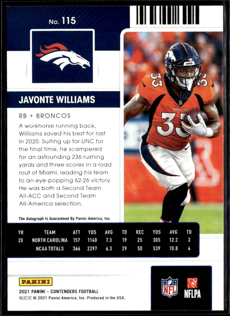 Javonte Williams 2021 Contenders Auto Autograph RC 17/99 Denver Broncos