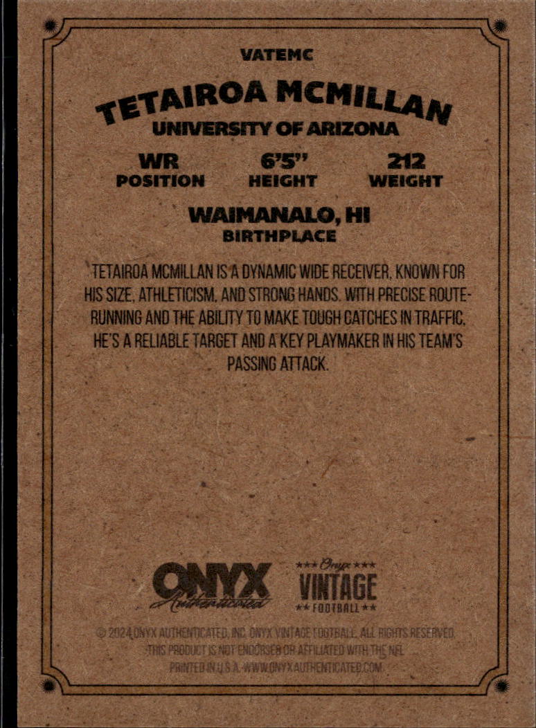 Tetairoa McMillan 2024 Onyx Vintage Auto Autograph RC Panthers Arizona Wildcats