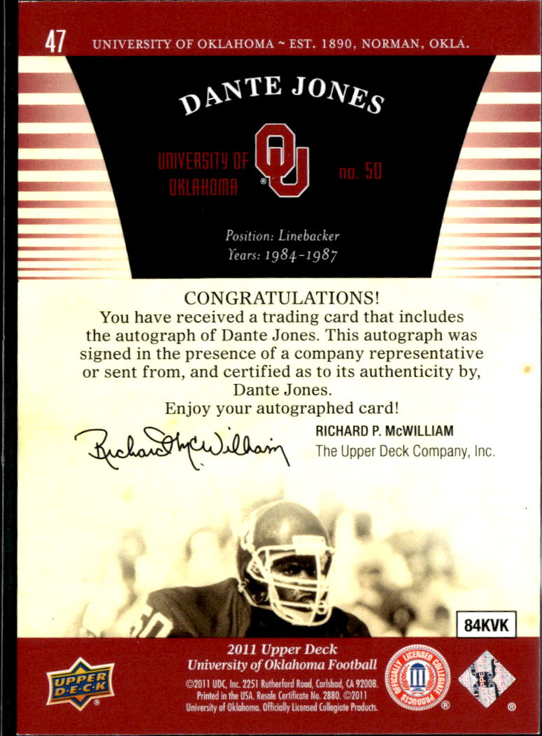 Dante Jones 2011 Upper Deck Auto Autograph Oklahoma Sooners