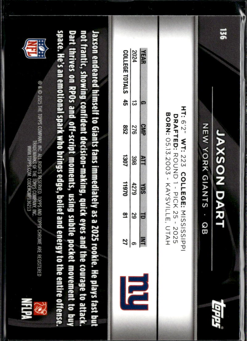Jaxson Dart 2025 Topps Chrome Black Rose Gold Rookie RC 15/15 New York Giants