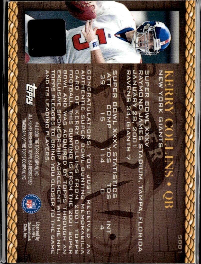 Kerry Collins 2001 Topps Game Used Super Bowl Bunting Patch New York Giants
