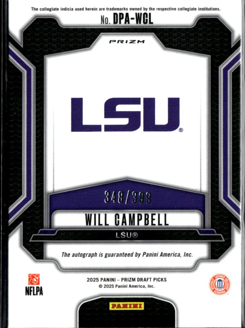 Will Campbell 2025 Prizm Draft Picks Auto Autograph RC 348/399 LSU Tigers