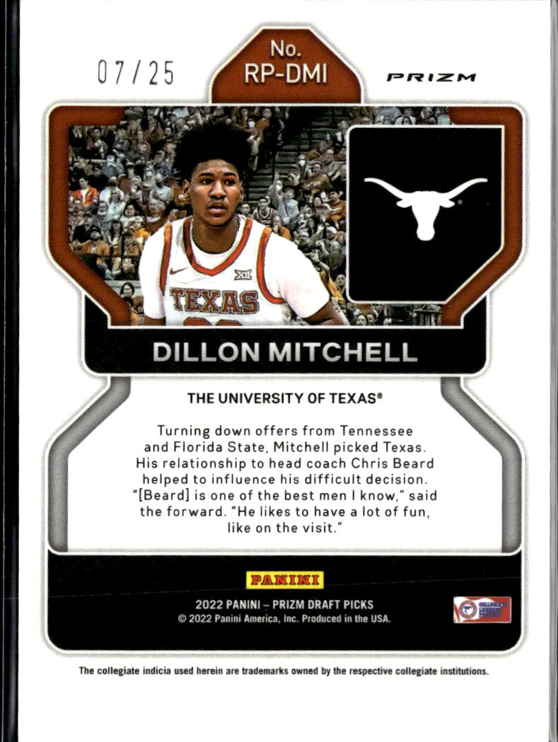 Dillon Mitchell 2022 Prizm Draft Green Pulsar Rookie RC 7/25 Texas Longhorns