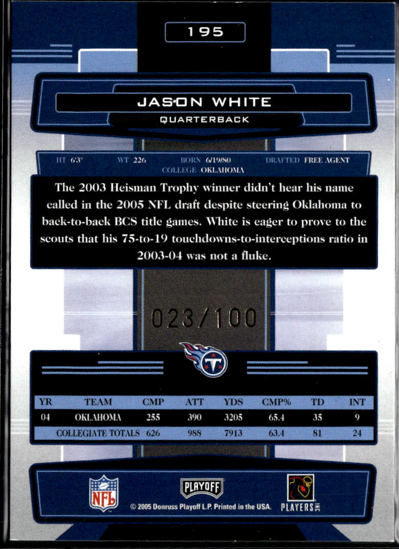 Jason White 2005 Playoff Absolute Auto Autograph RC 23/100 OU Sooners Titans