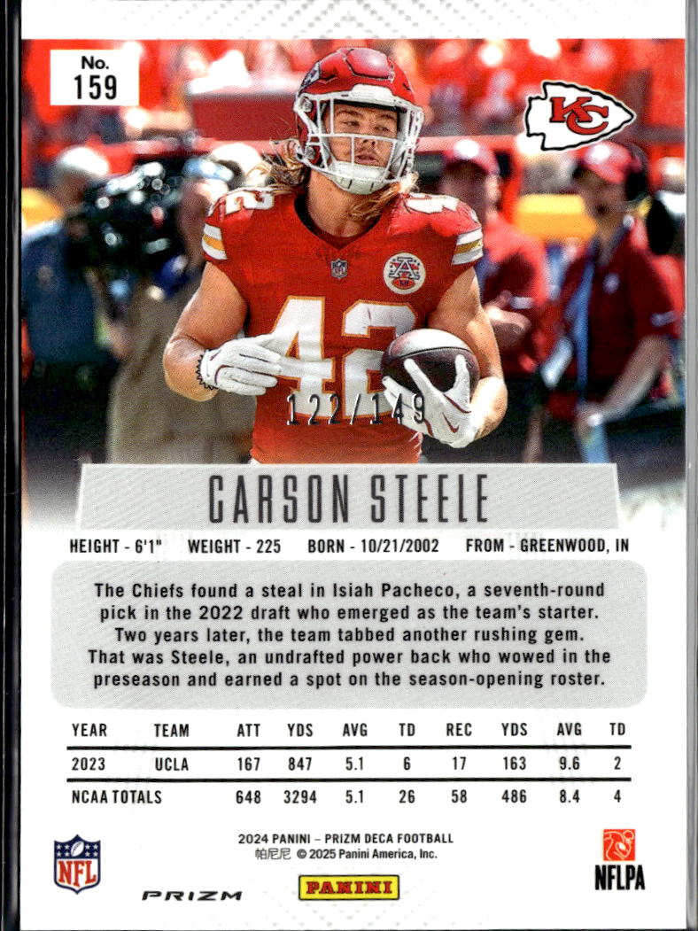 Carson Steele 2024 Prizm Deca Blue Prizm Rookie RC 122 /149 Kansas City Chiefs
