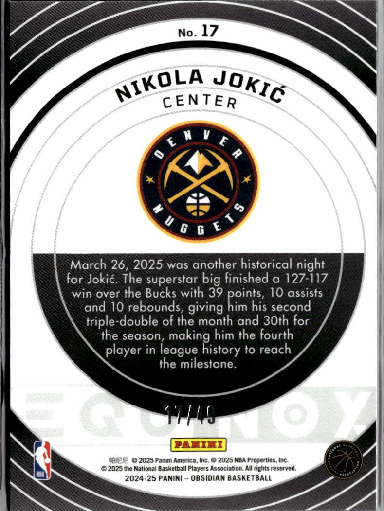 Nikola Jokic 2024-25 Obsidian Equinox Pink 17/49 Denver Nuggets
