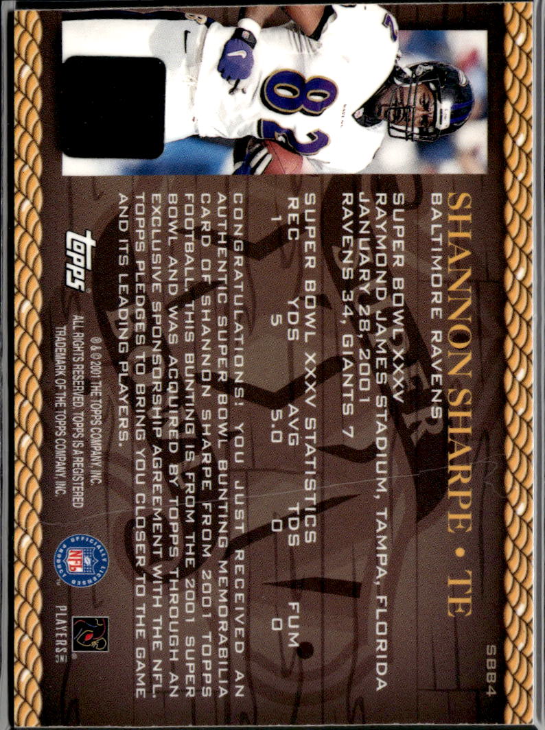 Shannon Sharpe 2001 Topps Game Used Super Bowl Bunting Patch Baltimore Ravens