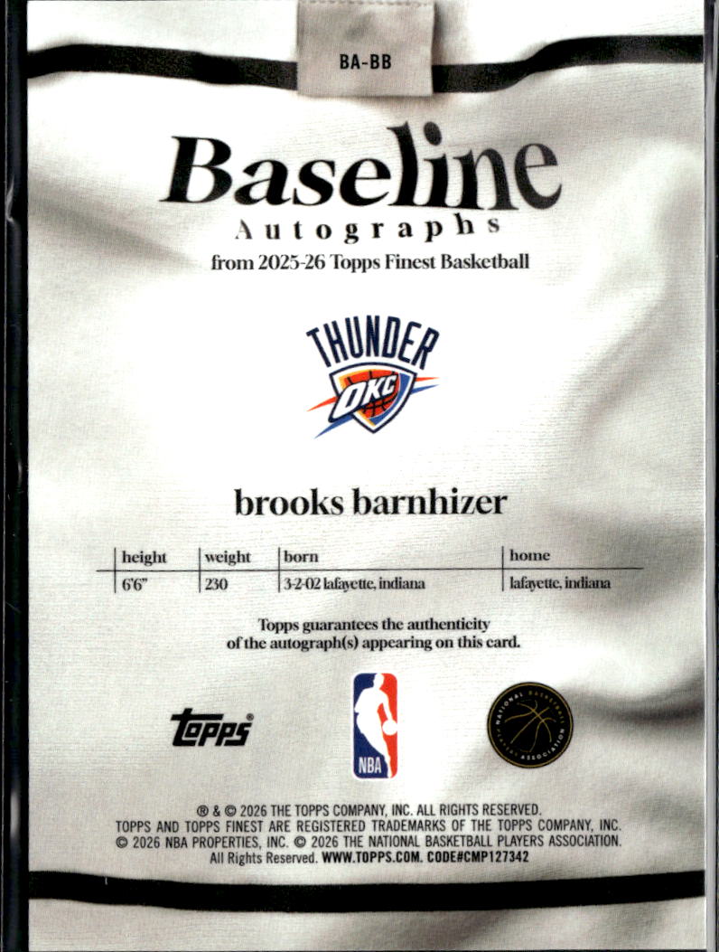 Brooks Barnhizer 2025 Topps Finest Auto Autograph RED 9/10 Oklahoma City Thunder