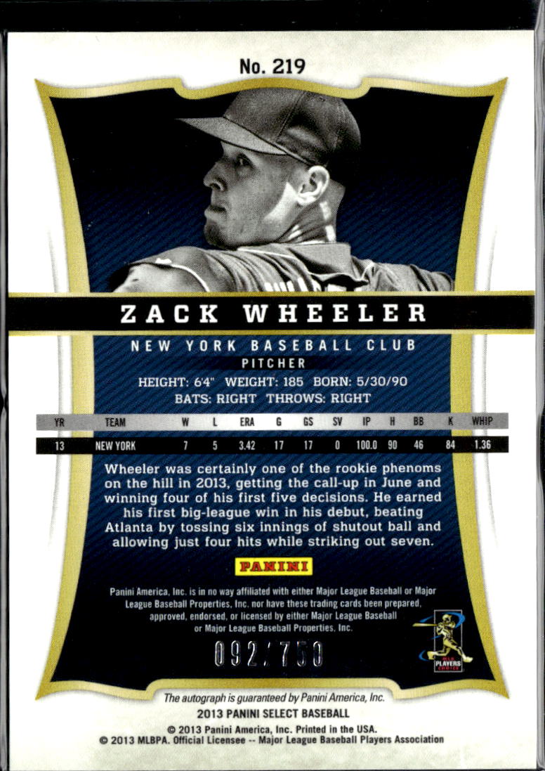 Zack Wheeler 2013 Select Auto Autograph Rookie RC New York Mets