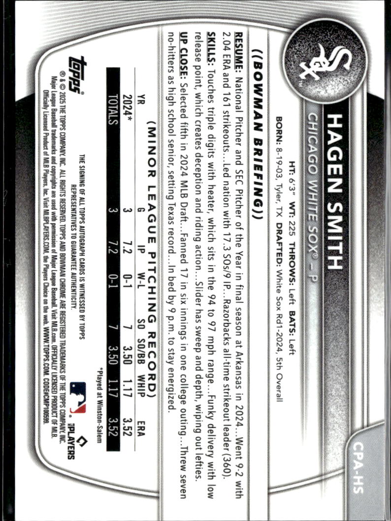 Hagen Smith 2025 Bowman Chrome Auto Autograph Orange 22/25 Chicago White Sox