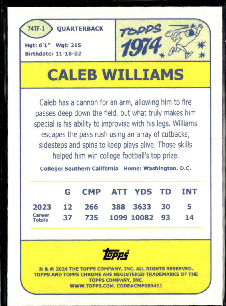 Caleb Williams 2024 Topps Chrome '74 Pink Refractor Rookie RC Chicago Bears