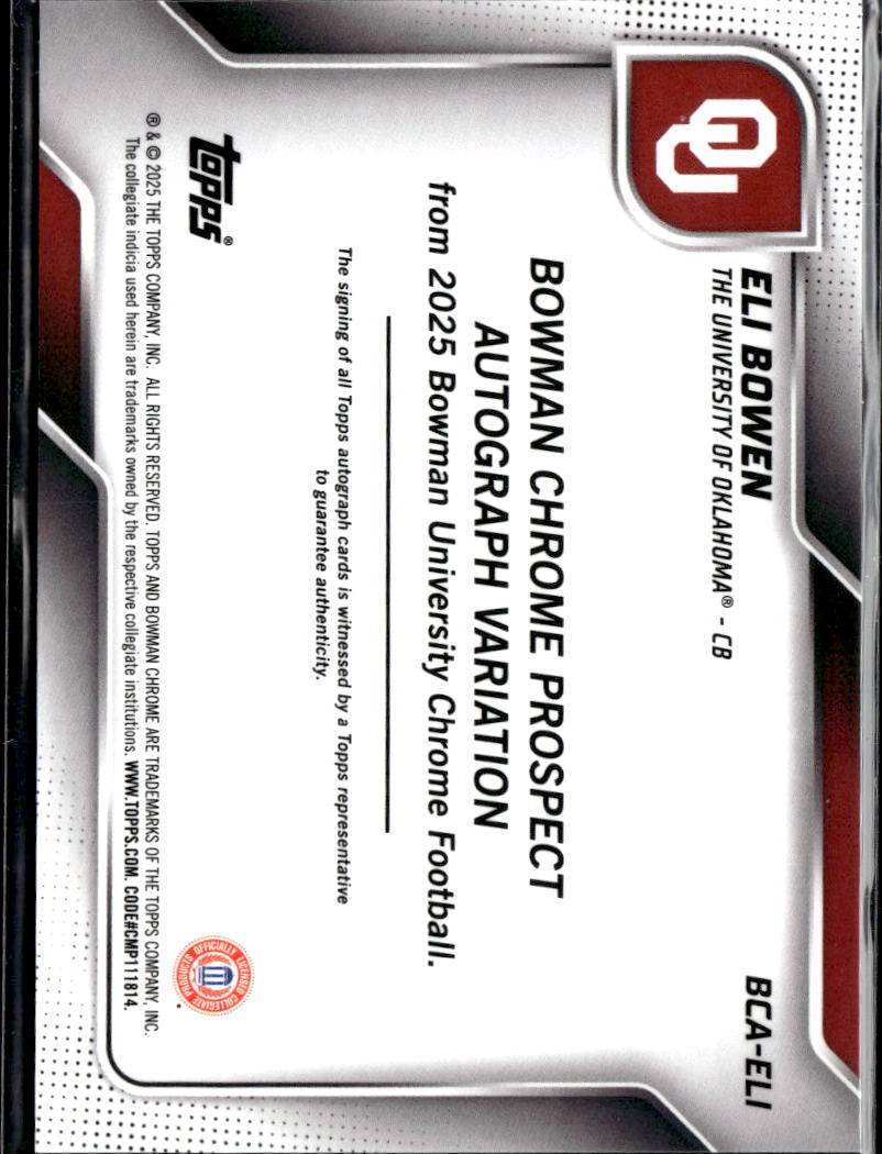 Eli Bowen 2025 Bowman Chrome 1st Auto Autograph RC Oklahoma Sooners