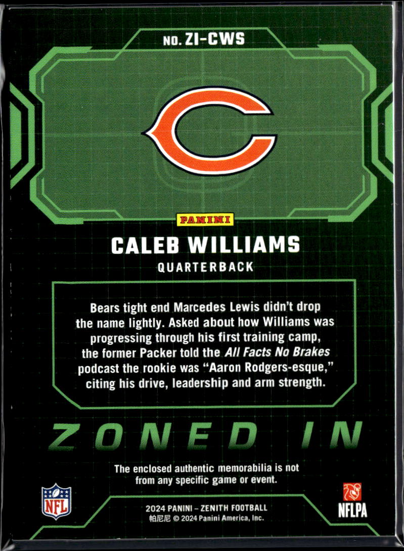Caleb Williams 2024 Zenith Zoned In Jersey Patch Rookie RC Chicago Bears