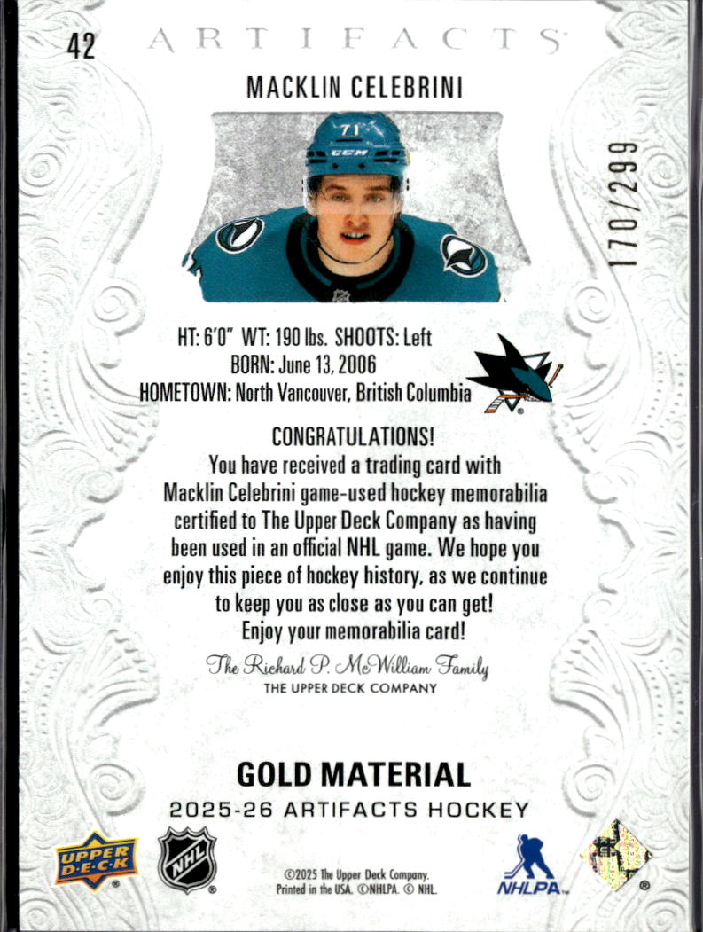 Macklin Celebrini 2025 Upper Deck Artifacts Dual Jersey Patch 170/299 Sharks