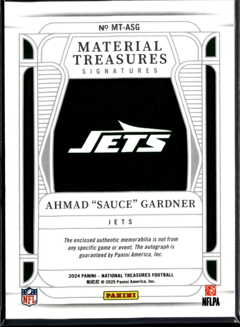 Ahmad "Sauce" Gardner 2024 National Treasures Auto Autograph Patch 15/49 Jets
