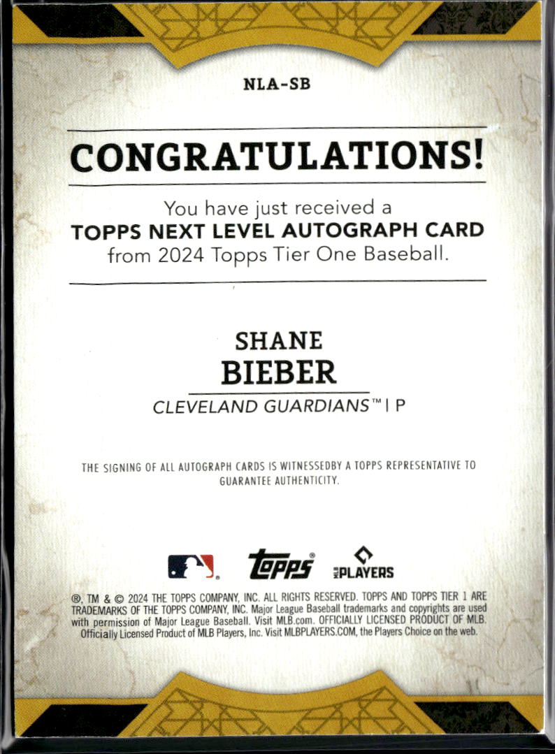 Shane Bieber 2024 Topps Tier One Auto Autograph 2/149 Cleveland Guardians