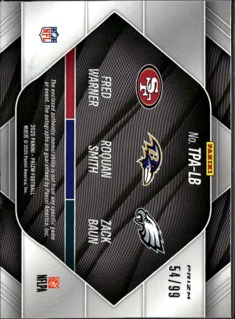 Roquan Smith Zack Baun Fred Warner 2025 Prizm Triple Auto Autograph Patch 54/99